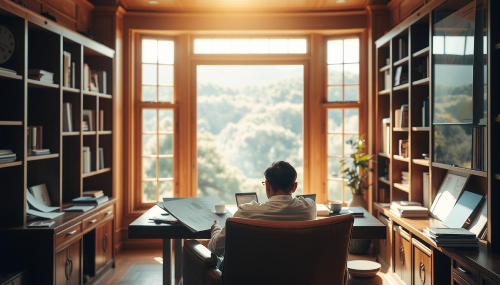 Numa mesa o homem definem suas metas financeiras.