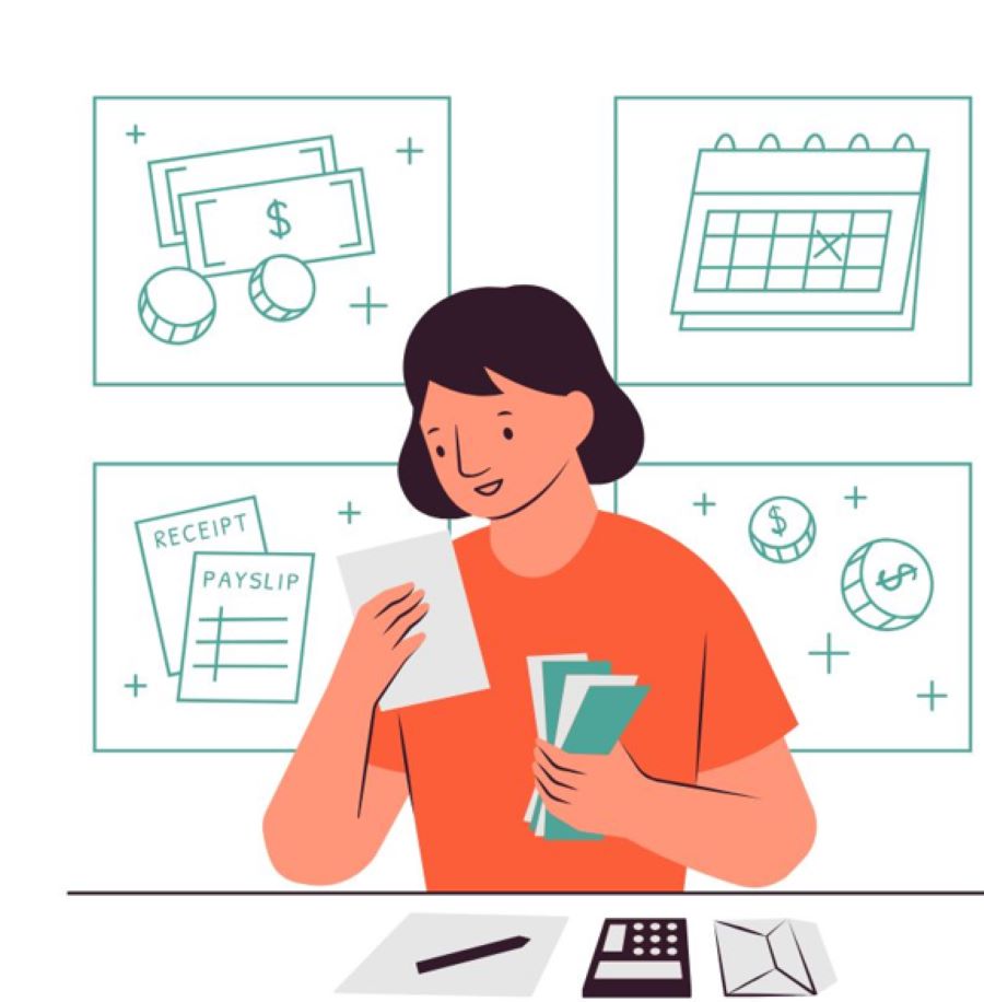 Mulher anotando despesas diárias em um caderno de finanças pessoais.