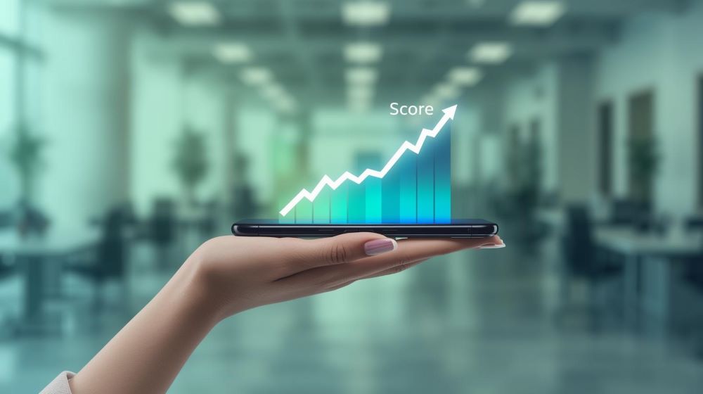 Mão feminina segurando um smartphone mostrando um gráfico com score de crédito subindo.