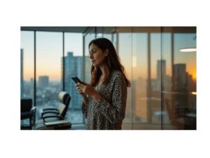 Mulher concentrada no escritório olhando o celular, simbolizando foco e disciplina para desenvolver uma mentalidade financeira forte.