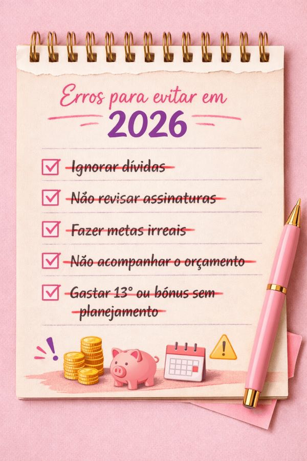 Erros do checklist financeiro de começo de ano riscados em planner para organizar as finanças em 2026.