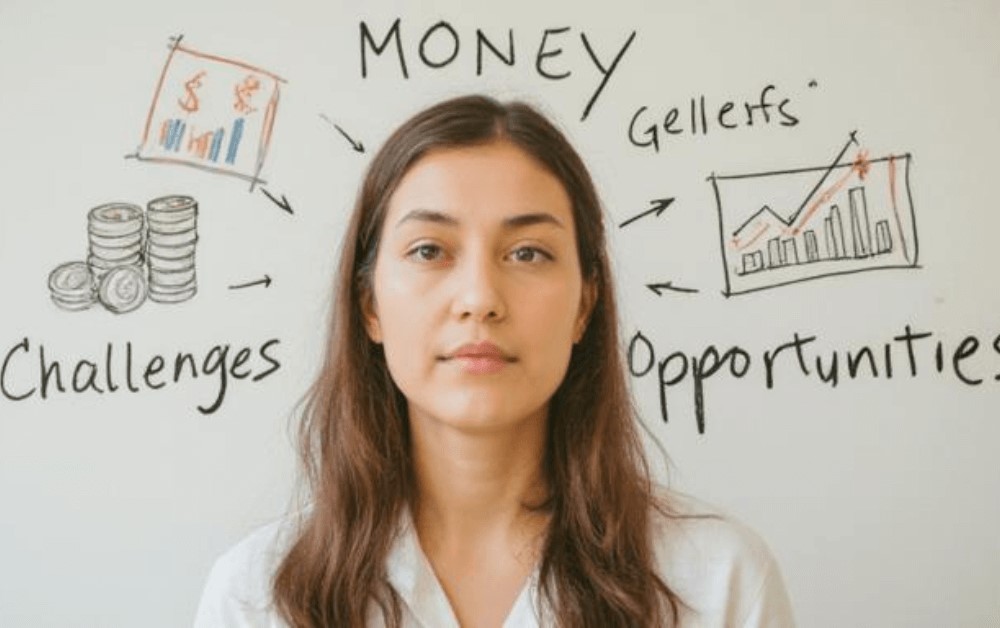 Uma mulher aparece em destaque, olhando com expressão confiante e determinada. Acima de sua cabeça, palavras como “investimento”, “oportunidades” e “crescimento” flutuam, simbolizando visão estratégica e foco no futuro. A imagem transmite a ideia de desenvolver uma mentalidade feminina forte, marcada por autoconfiança, coragem para aproveitar oportunidades e capacidade de transformar desafios em conquistas.