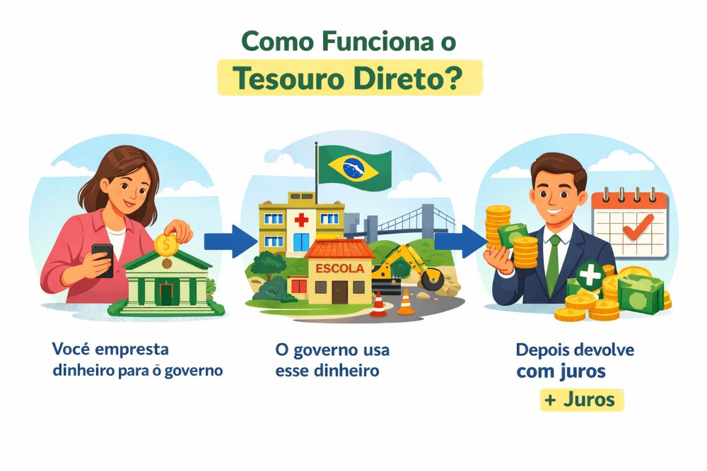 Infográfico explicando como funciona o Tesouro Direto: investidor empresta dinheiro ao governo, o governo utiliza os recursos e devolve com juros.
