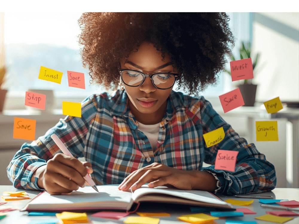 Mulher sentada à mesa em casa escrevendo metas financeiras no planner, simbolizando foco e organização financeira.