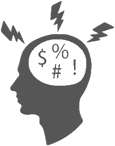 **Alt da imagem:** Ilustração de uma cabeça humana em silhueta com símbolos financeiros como cifrão, porcentagem e hashtag dentro, e raios ao redor, representando estresse ou ansiedade financeira.