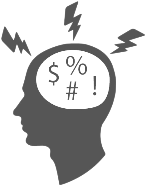 **Alt da imagem:** Ilustração de uma cabeça humana em silhueta com símbolos financeiros como cifrão, porcentagem e hashtag dentro, e raios ao redor, representando estresse ou ansiedade financeira.