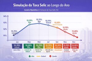 Gráfico histórico da taxa Selic definida pelo Banco Central do Brasil indicando períodos de alta e baixa dos juros.