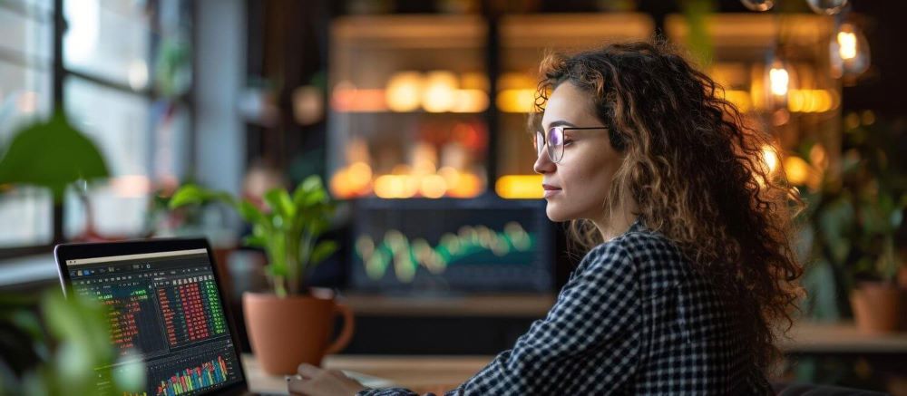 Mulher investindo pelo celular, analisando gráfico de investimentos no tesouro direto em casa.