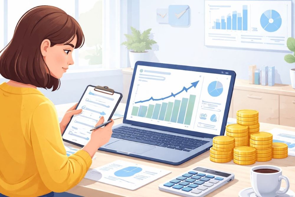 Imagem de uma pessoa fazendo planejamento financeiro com o computador e sua prancheta.