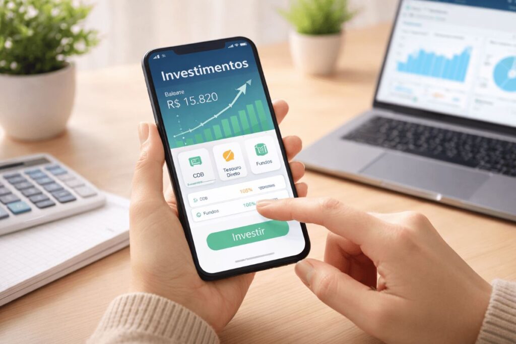 Celular mostrando gráfico dos investimentos no CDB.