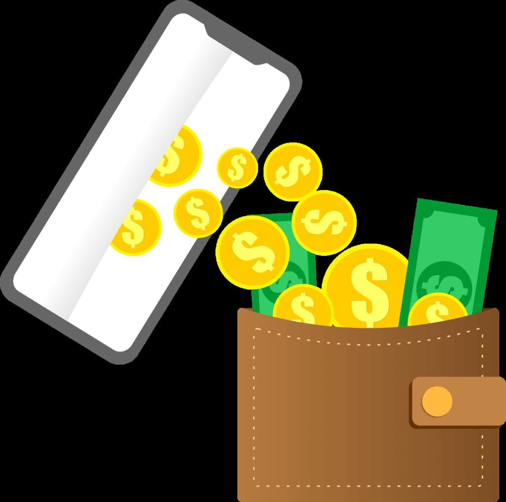 Dinheiro entrando na carteira atravès de negócios digitais.