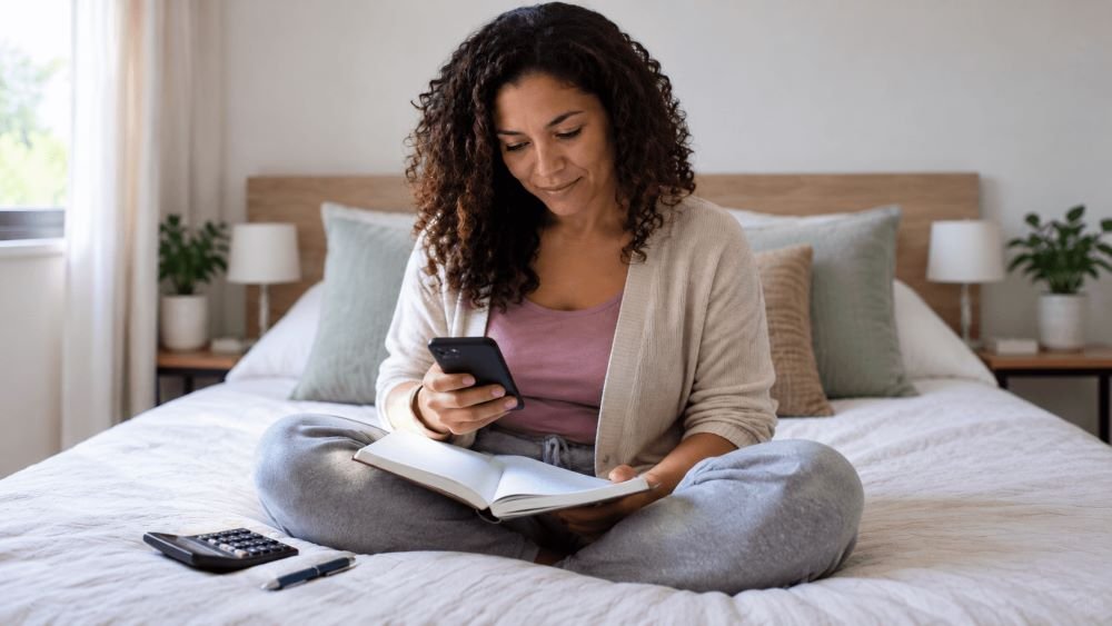 Mulher sentada na cama consultando o celular, com um caderno aberto no colo e uma calculadora ao lado.