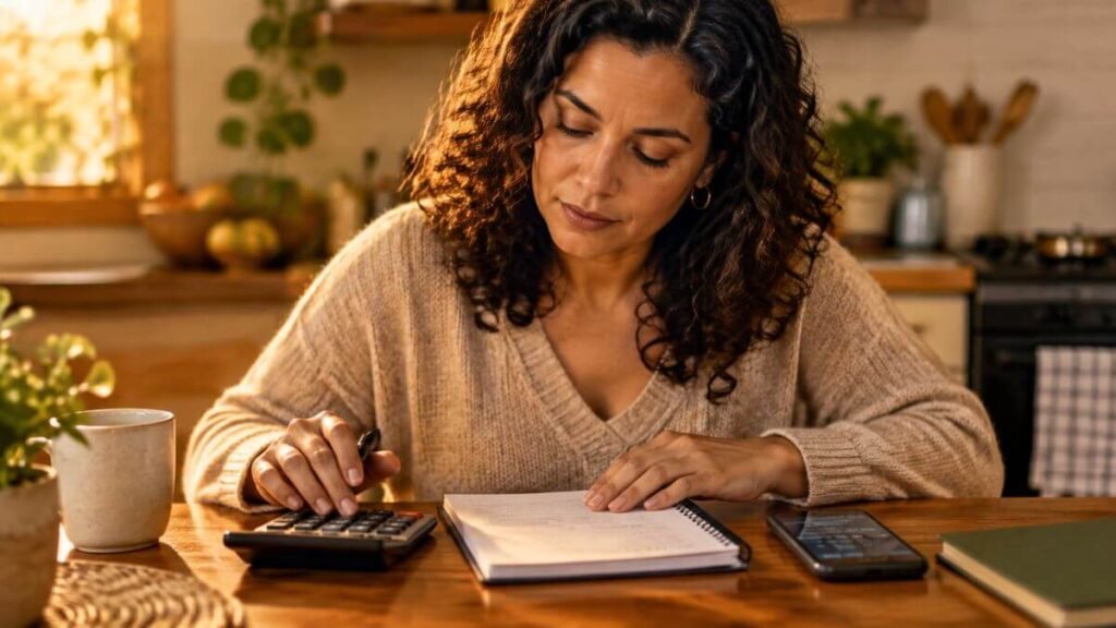 Mulher à mesa da cozinha conferindo anotações em um caderno e usando uma calculadora, com o celular ao lado.