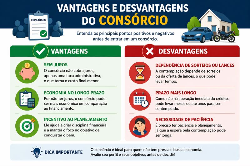 Tabela sobre vantagens e desvantagens do Consórcio.