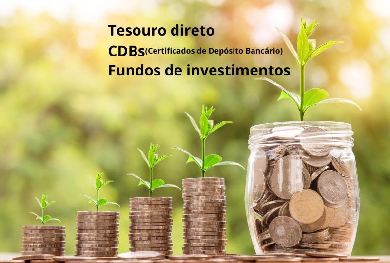 Moedas empilhadas com planta simbolizando crescimento do dinheiro investido.