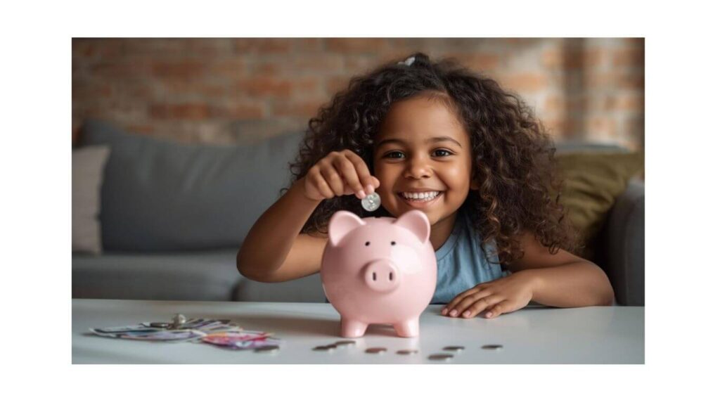 Uma criança enchendo seu cofrinho aprendendo a lhe dá com dinheiro.