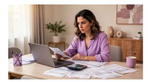 Mulher organizando contas e planejando como quitar dívidas