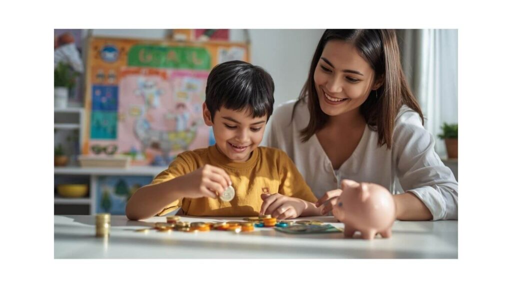 A mãe ensinando seu filho educação financeira infantil.