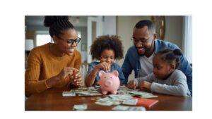 Família reunida ensinando educação financeira infantil, pais e filhos colocando dinheiro em cofrinho rosa sobre a mesa.
