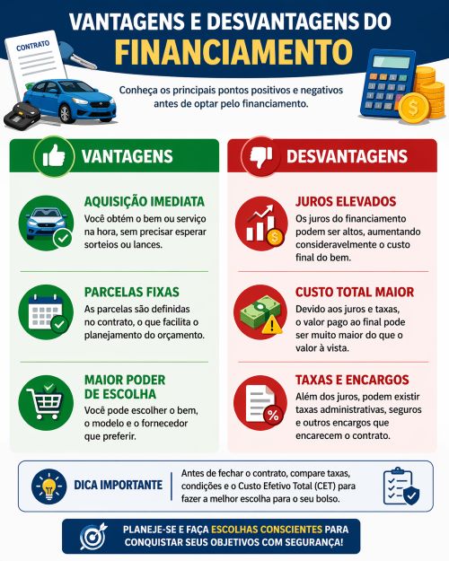 Tabela sobre vantagens e desvantagens do financiamento.