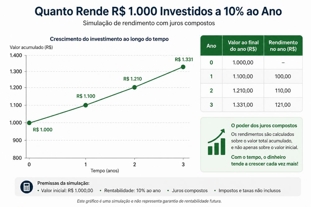 Gráfico mostrando quanto rende 1000 reais investidos a 10% ao ano com crescimento por juros compostos ao longo de 3 anos
