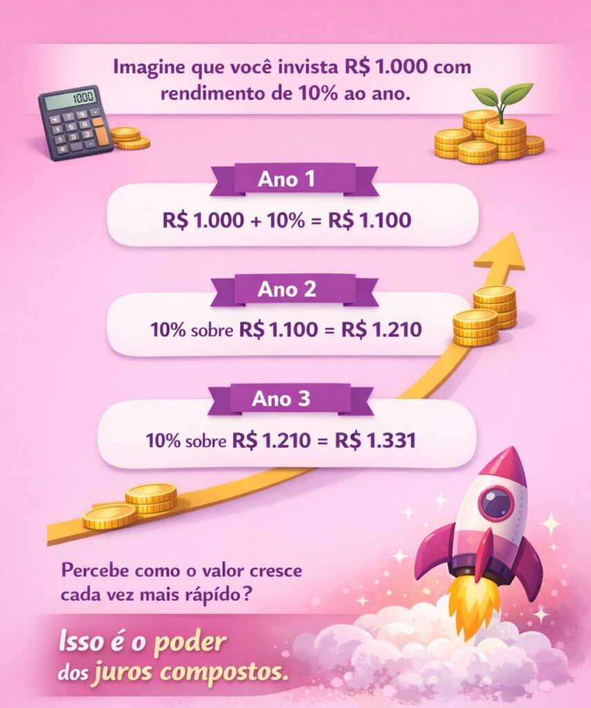 Imagem explicando o juros compostos com um exemplo real.