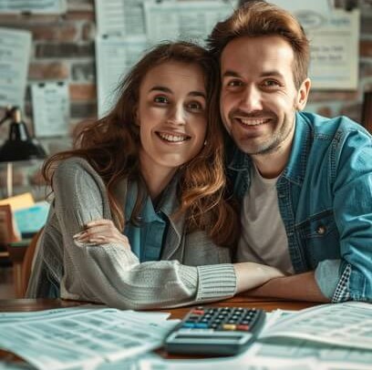 Casal organizando orçamento familiar e analisando despesas