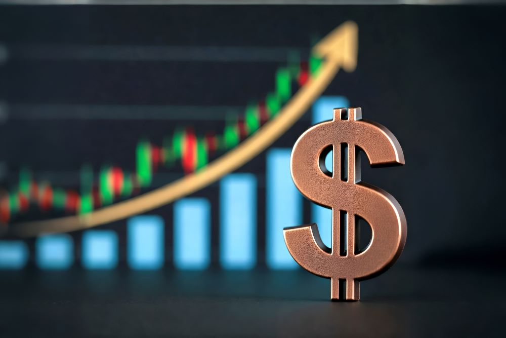 Gráfico de crescimento financeiro com símbolo de dinheiro representando rendimento de investimento de 1000 reais