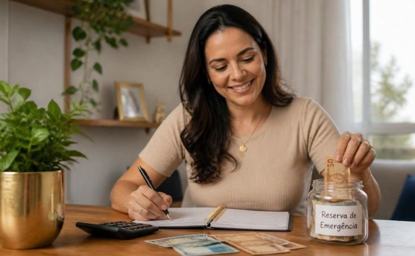 Mulher organizando as finanças e começando uma reserva de emergência.