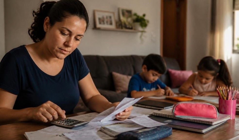 Mulher organizando contas anuais e despesas escolares da família