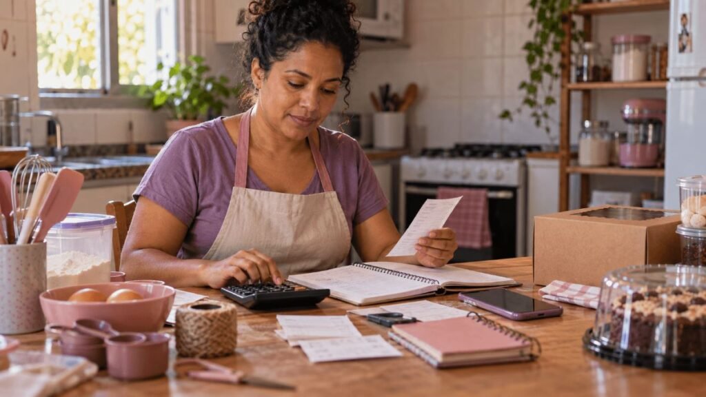 Confeiteira brasileira calcula a renda disponível depois dos custos do trabalho.