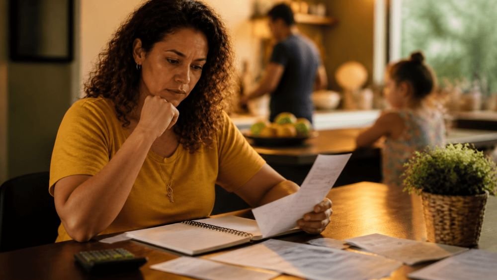 Mulher de cabelo cacheado sentada à mesa da cozinha, lendo uma conta, com um caderno e outros papéis à sua frente.