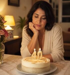 Mulher aos 40 anos refletindo sobre a aposentadoria diante do bolo de aniversário.