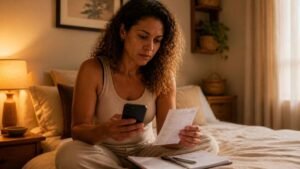 Mulher sentada na cama confere uma conta em papel enquanto olha o celular, com um caderno aberto à sua frente.