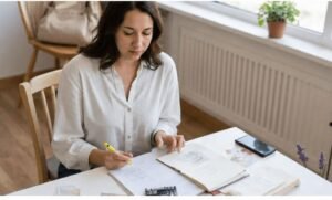 Mulher sentada à mesa fazendo anotações em um caderno, com papéis, calculadora e celular ao lado.