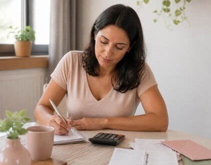 Mulher organizando o orçamento para começar a planejar sua aposentadoria aos 40 anos.