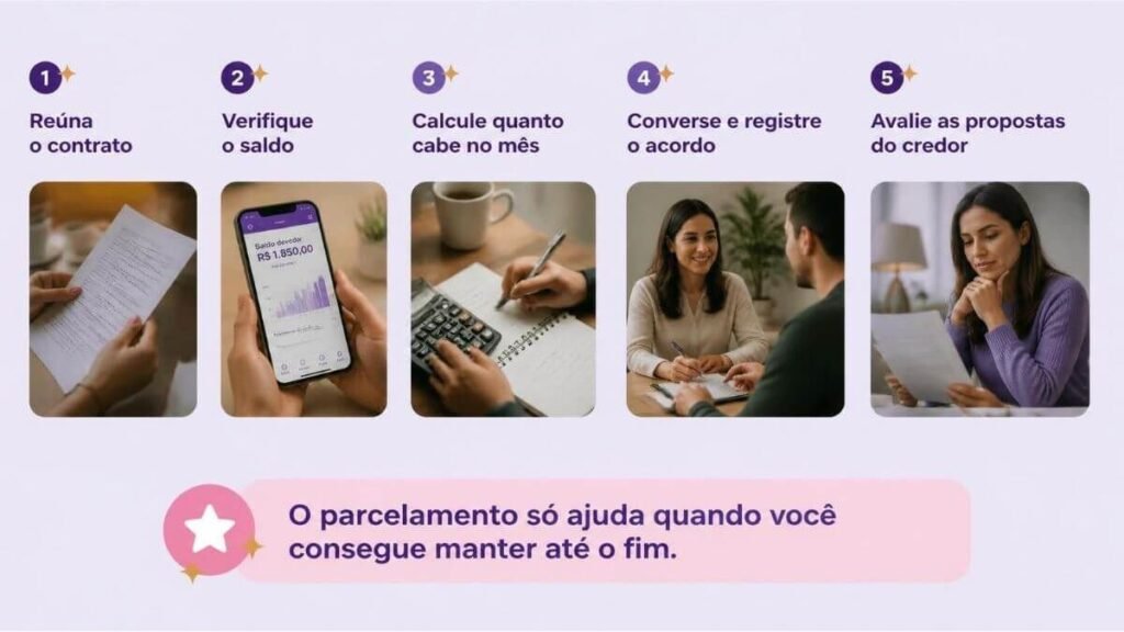 Infográfico com cinco passos para lidar com uma dívida em seu nome: reunir o contrato, verificar o saldo, calcular a parcela possível, registrar o acordo e avaliar propostas do credor.