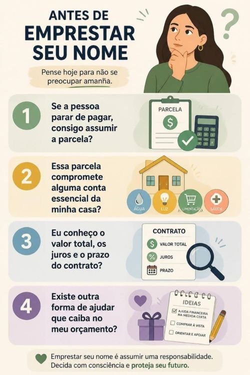 Infográfico com quatro perguntas antes de emprestar o nome: se você pode pagar a parcela, preservar as contas essenciais, entender o contrato e ajudar de outra forma.