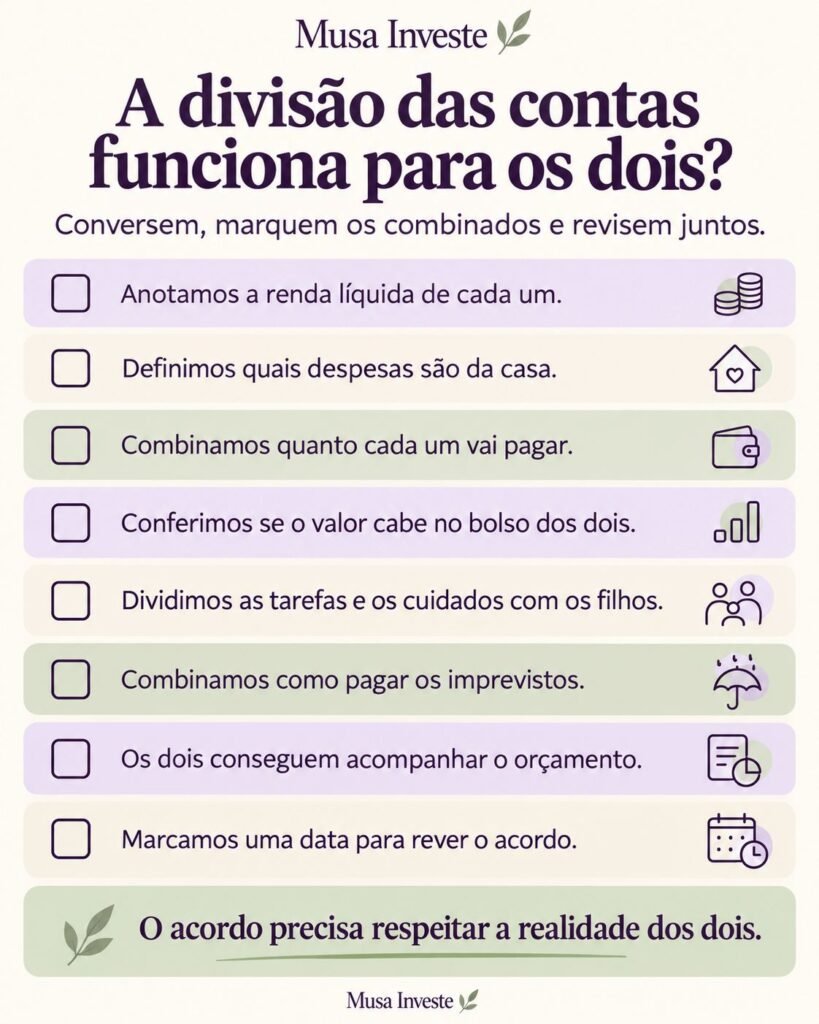 Checklist com oito combinados para o casal organizar as despesas, dividir responsabilidades e revisar o orçamento juntos.