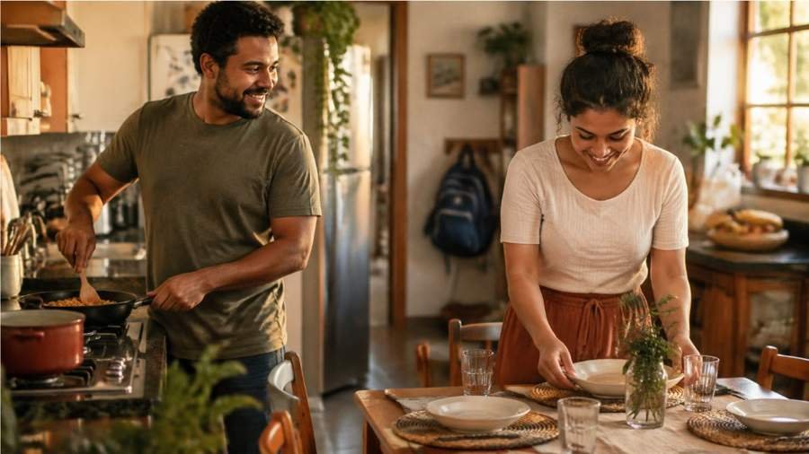Homem prepara a comida no fogão enquanto a mulher coloca os pratos na mesa da cozinha.