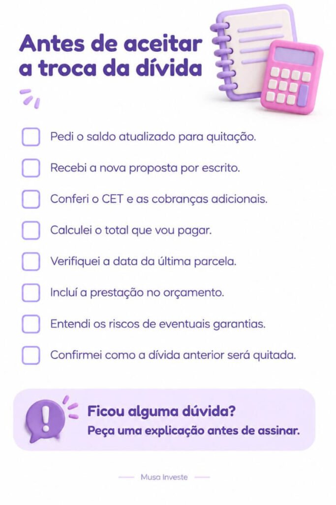 Checklist com oito cuidados antes de aceitar a troca de uma dívida, incluindo conferir o CET, o total a pagar e a quitação anterior.