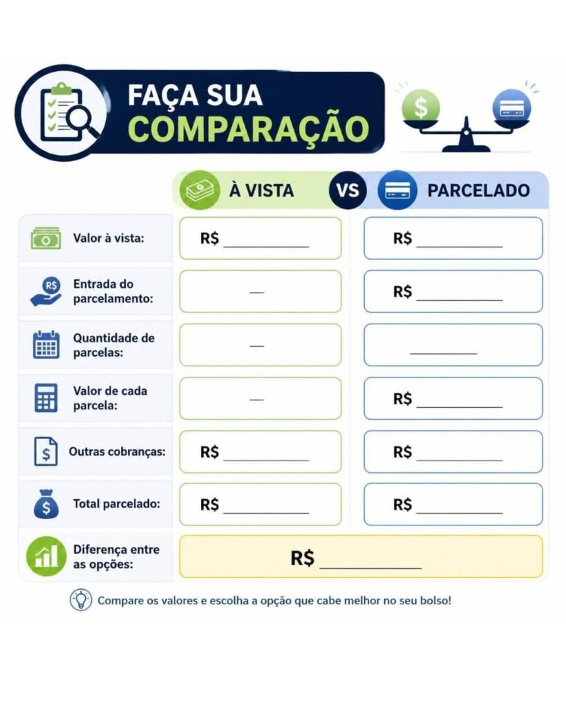 Tabela para preencher e comparar pagamento à vista e parcelado, com entrada, parcelas, cobranças adicionais e diferença de custo.