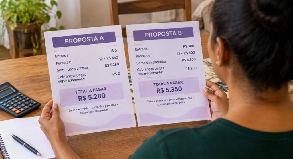 Mulher de costas compara propostas de dívida: A totaliza R$ 5.280 e B, R$ 5.350, incluindo entrada, parcelas e cobranças separadas.