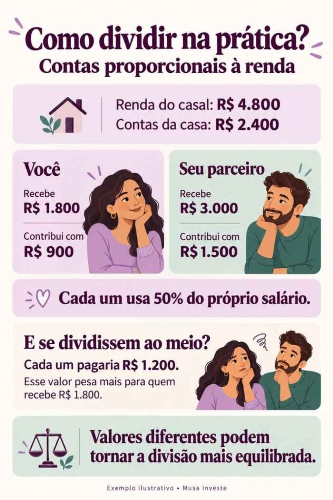 Divisão proporcional de R$ 2.400 em contas: quem ganha R$ 1.800 paga R$ 900, e quem recebe R$ 3.000 contribui com R$ 1.500.