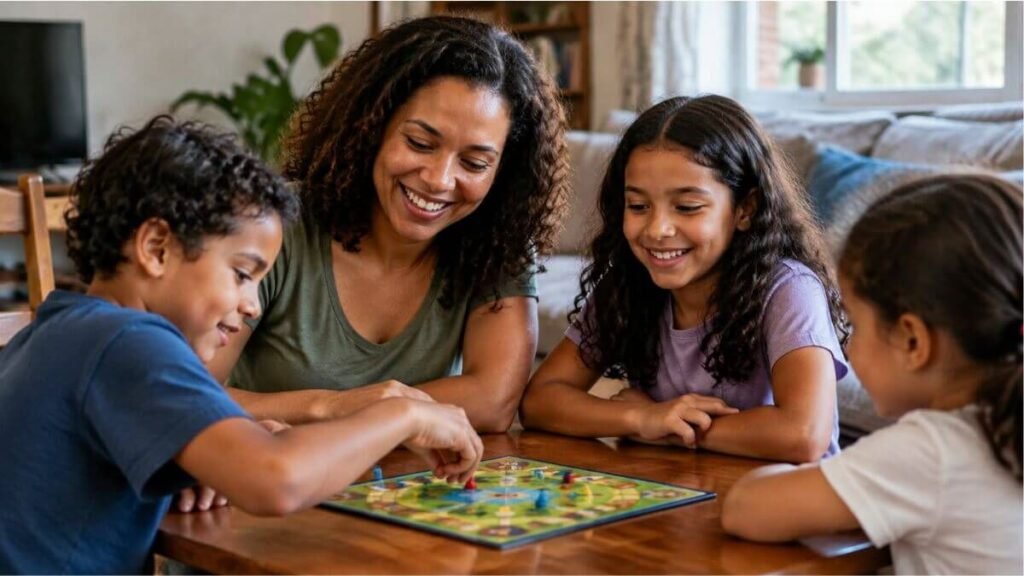 Mulher e três crianças sorrindo enquanto brincam com um jogo de tabuleiro em casa.