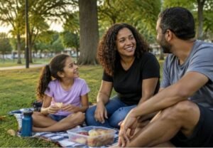 Mulher aproveita um piquenique no parque com o companheiro e a filha.