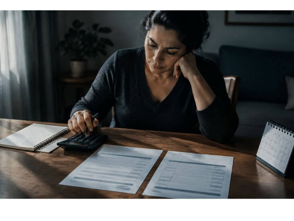 Mulher usa calculadora diante de dois documentos, com caderno e calendário sobre a mesa.