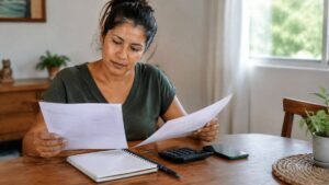 Mulher analisa dois documentos à mesa de casa, com calculadora, caderno e celular ao lado.