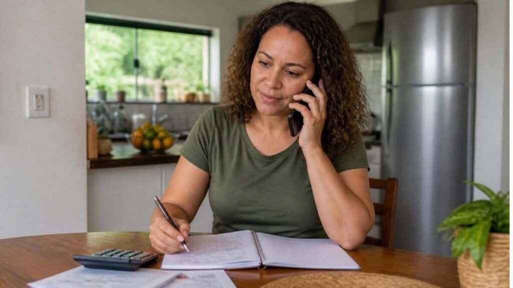 Mulher conversa ao celular enquanto faz anotações em um caderno, com calculadora sobre a mesa da cozinha.