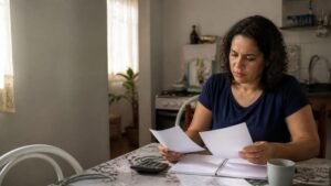 Mulher analisa dois papéis à mesa da cozinha, com calculadora e caderno aberto à sua frente.